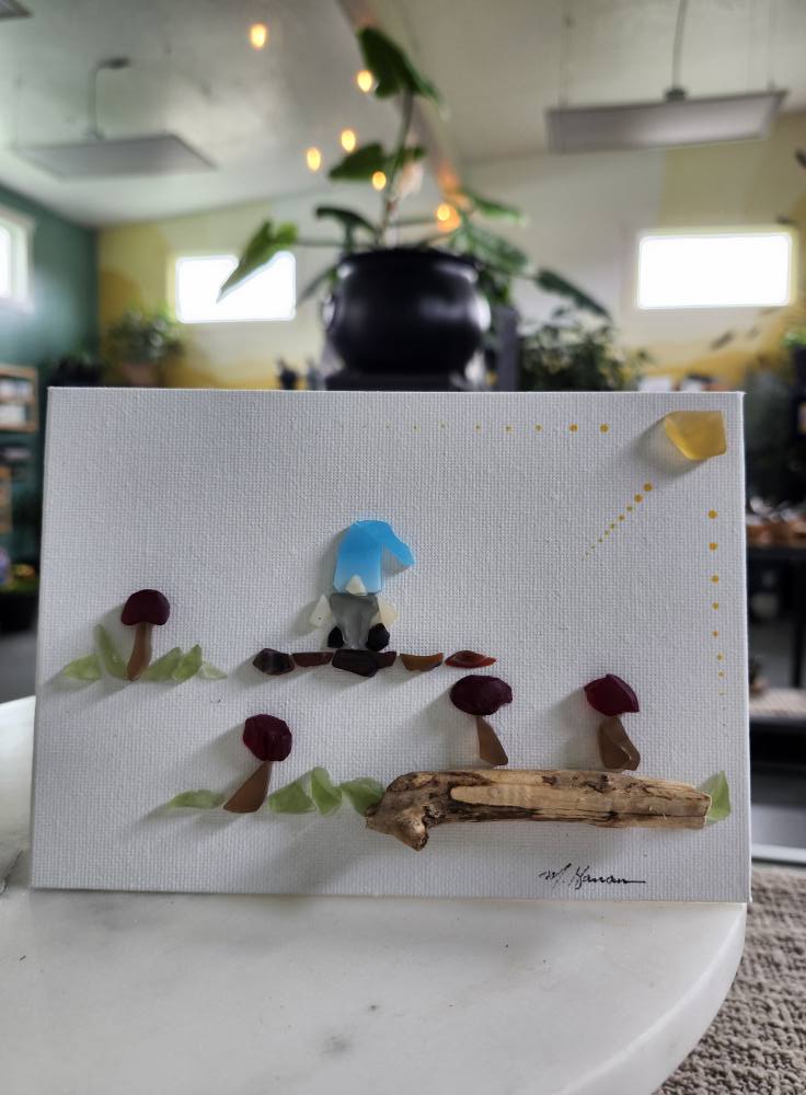 Mark Hanson's Sea Glass Gnome and Mushrooms